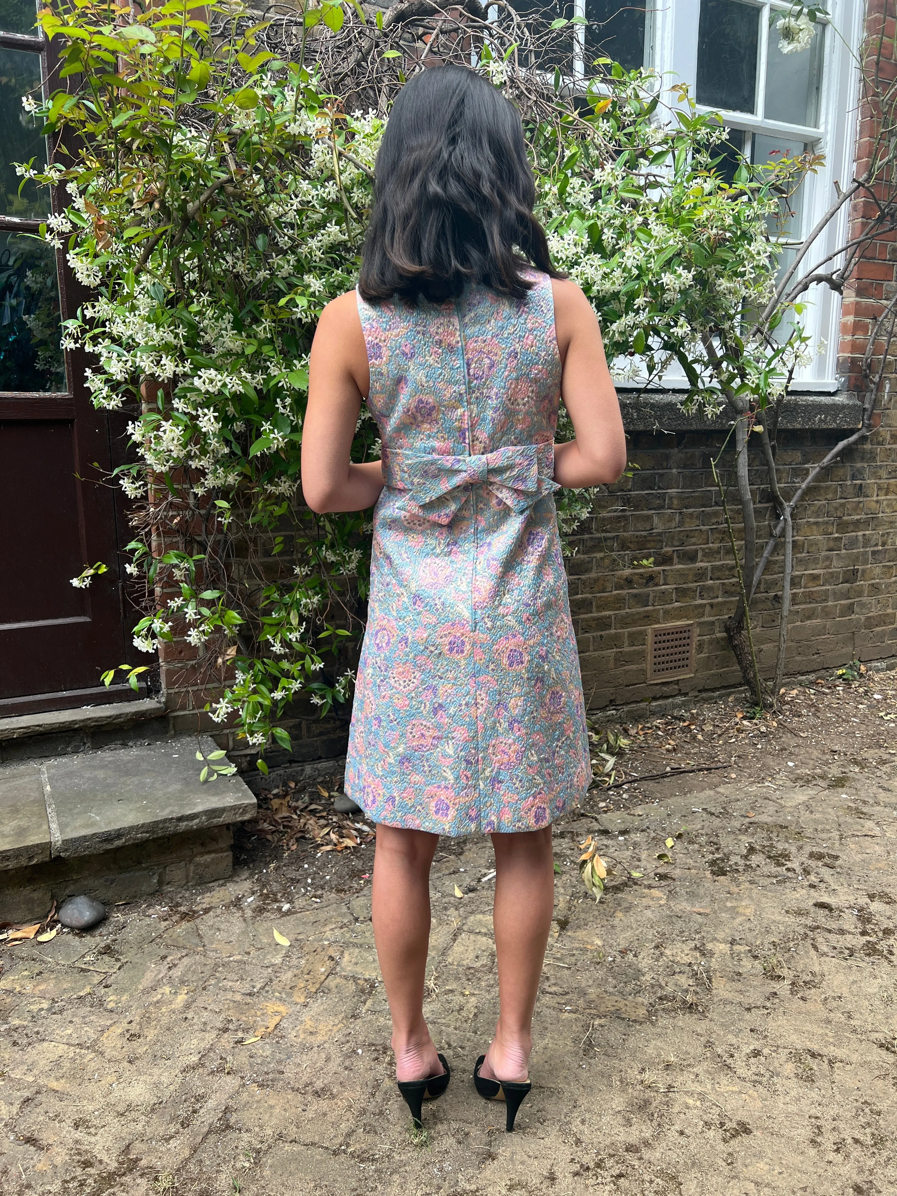 1960s Pastel Floral Lame Dress with Matching Headband