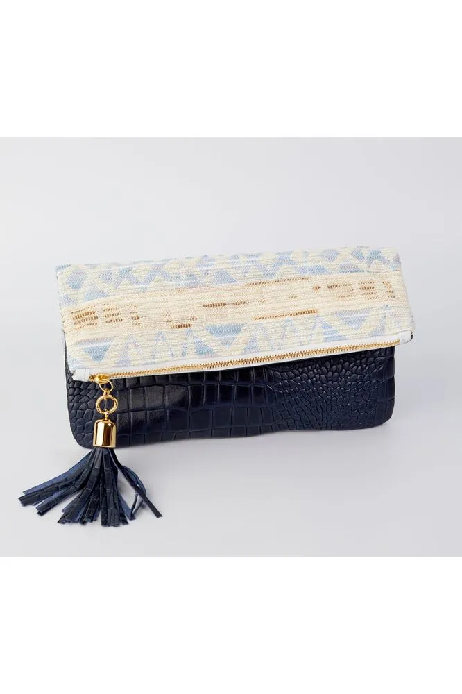 Cece Navy Embossed Croc Reversible to Blue Ikat Foldover Clutch