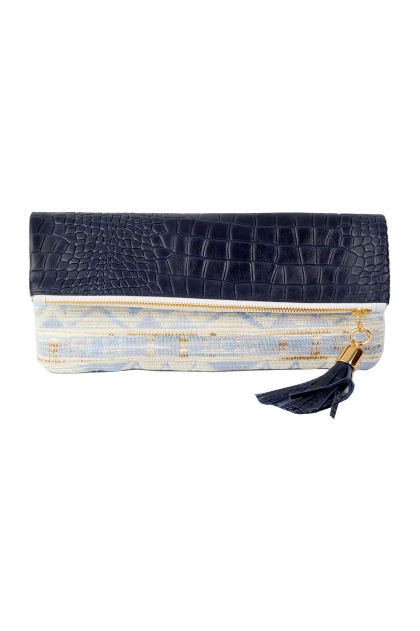 Cece Navy Embossed Croc Reversible to Blue Ikat Foldover Clutch