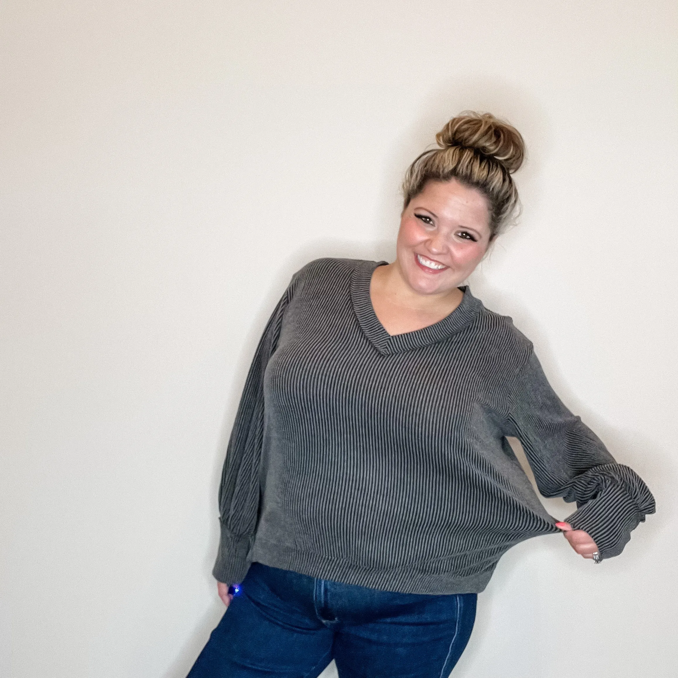 "If You Say So" V Neck Long Sleeve Ribbed Weekender