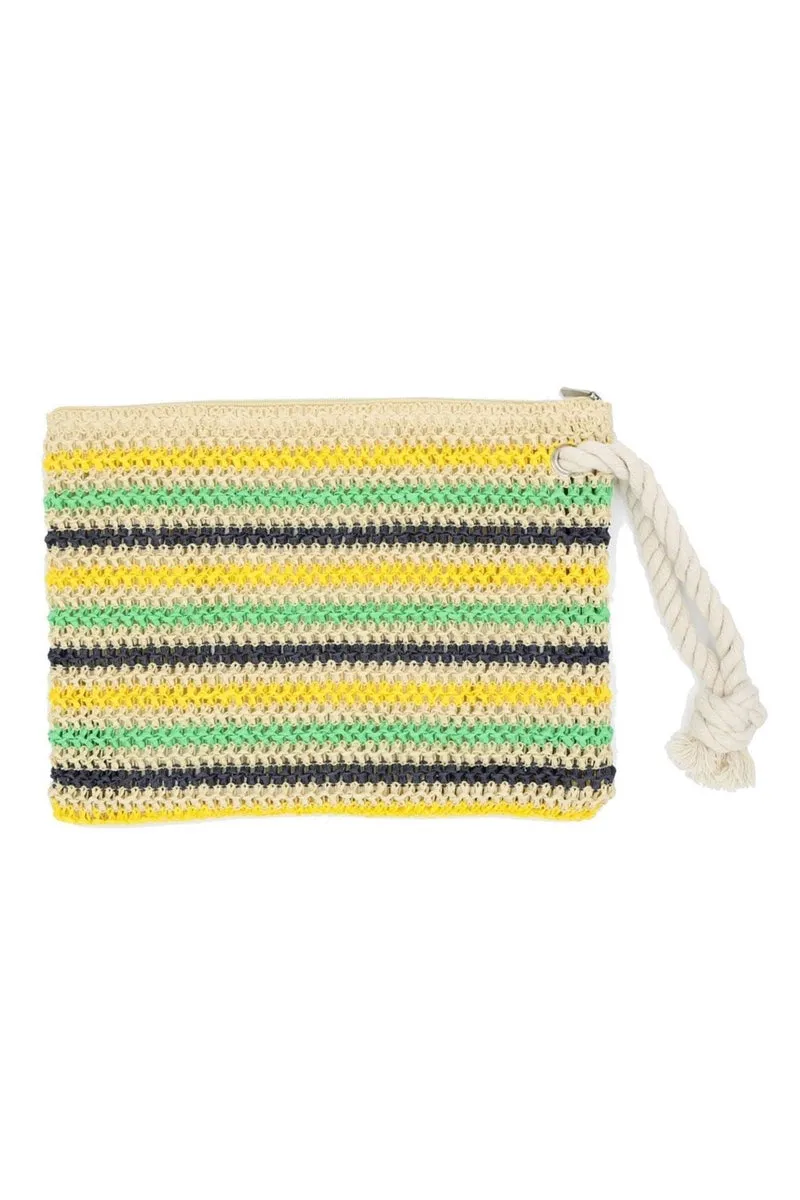 Rope Handle Striped Crochet Pouch