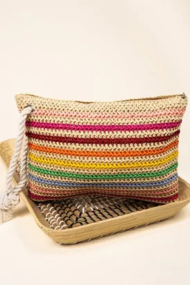Rope Handle Striped Crochet Pouch