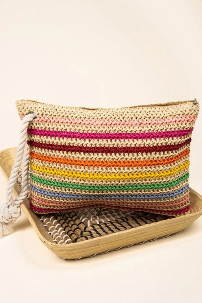 Rope Handle Striped Crochet Pouch