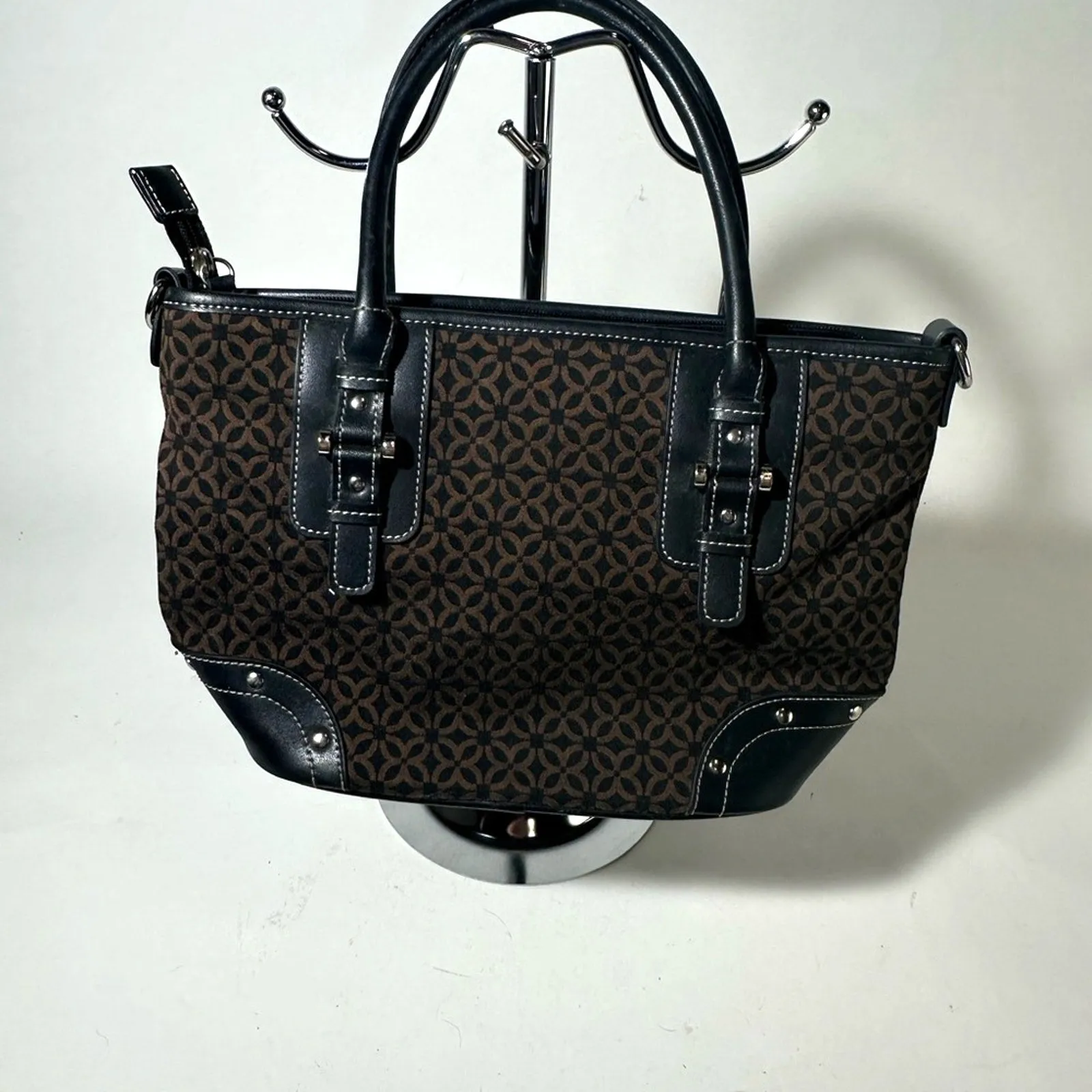 Sophisticated Black and Brown Tote with Monogram Pattern